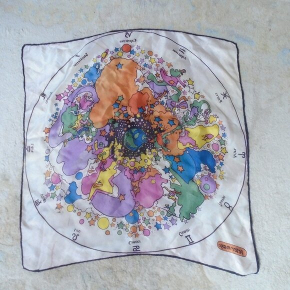 Vintage Peter Max Astrology Scarf - 60s MOD Silk Star Child Horoscopes - Picture 8 of 9